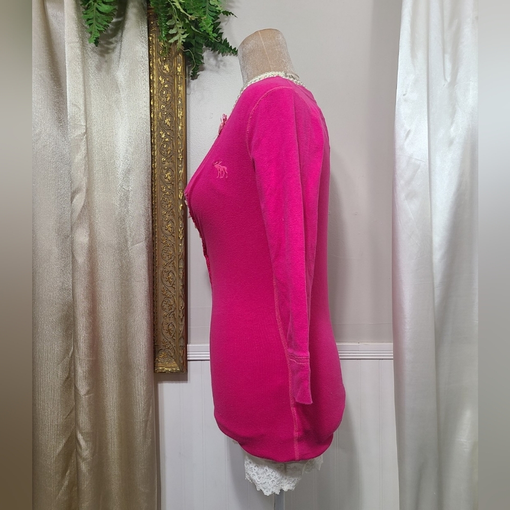 ♡ Y2K ♡ Abercrombie Hot Pink Button Down Babydoll Henley Top - Picture 7 of 11